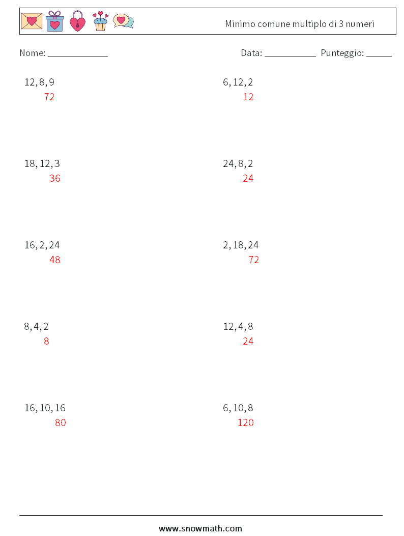Minimo comune multiplo di 3 numeri Fogli di lavoro di matematica 7 Domanda, Risposta