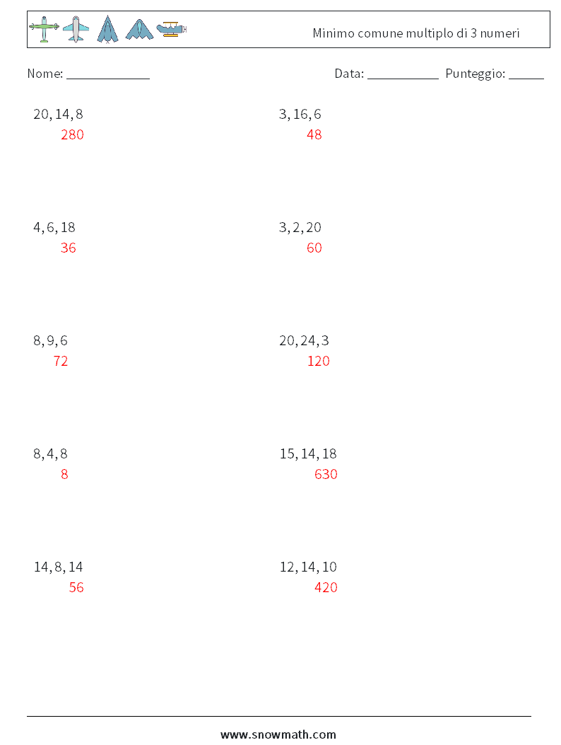 Minimo comune multiplo di 3 numeri Fogli di lavoro di matematica 8 Domanda, Risposta