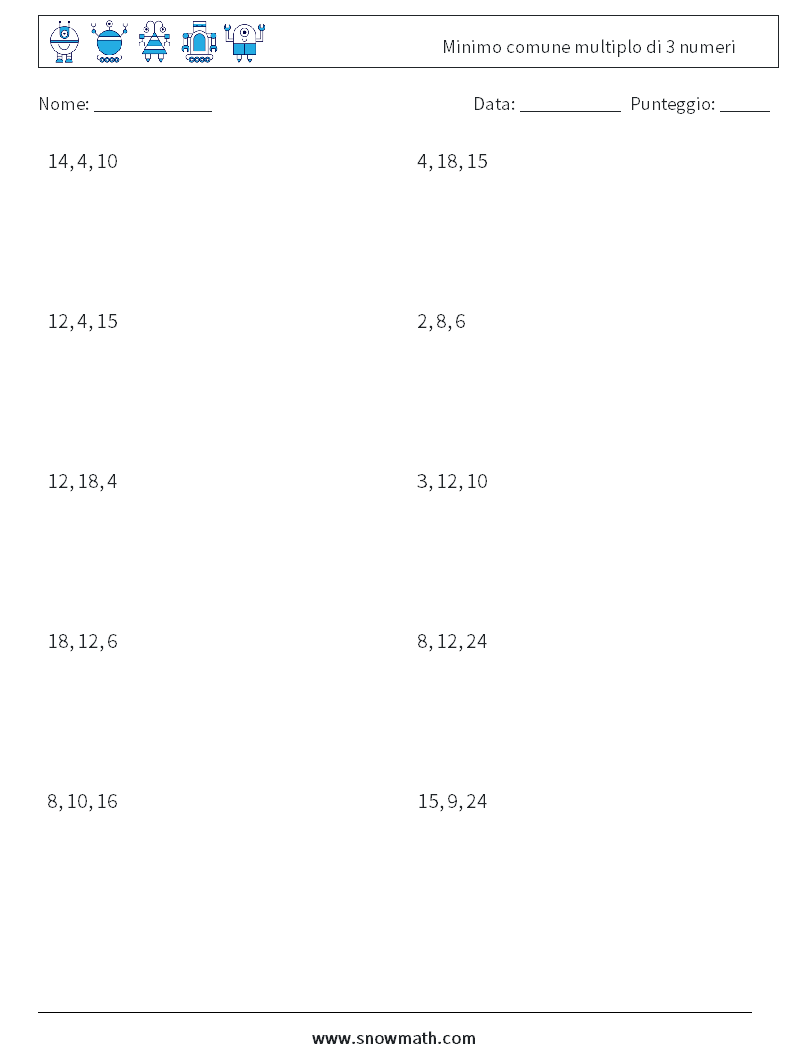 Minimo comune multiplo di 3 numeri Fogli di lavoro di matematica 9