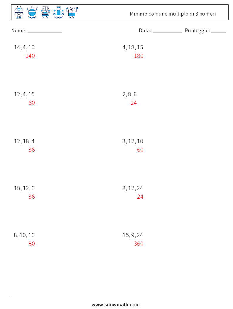 Minimo comune multiplo di 3 numeri Fogli di lavoro di matematica 9 Domanda, Risposta