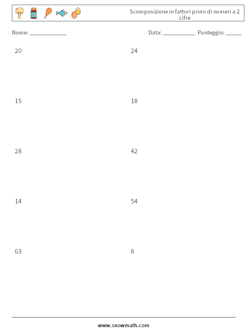 Scomposizione in fattori primi di numeri a 2 cifre Fogli di lavoro di matematica 3