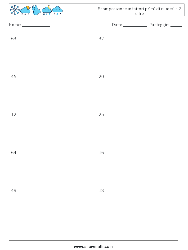 Scomposizione in fattori primi di numeri a 2 cifre Fogli di lavoro di matematica 4