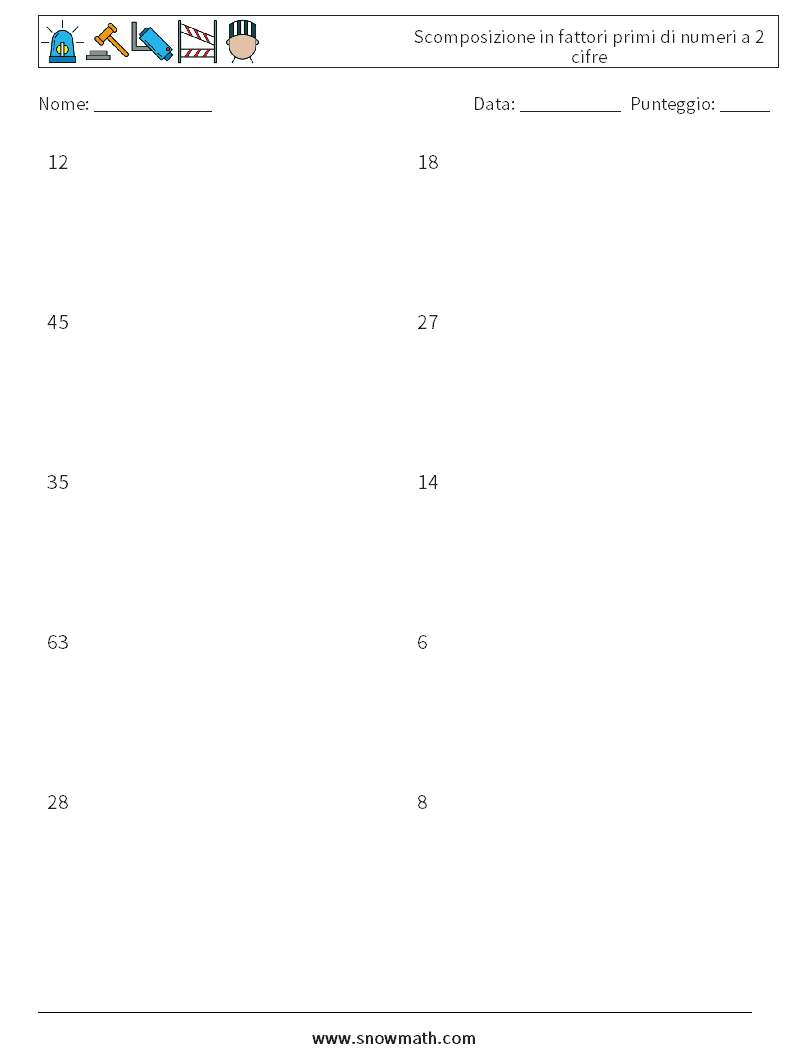 Scomposizione in fattori primi di numeri a 2 cifre Fogli di lavoro di matematica 5