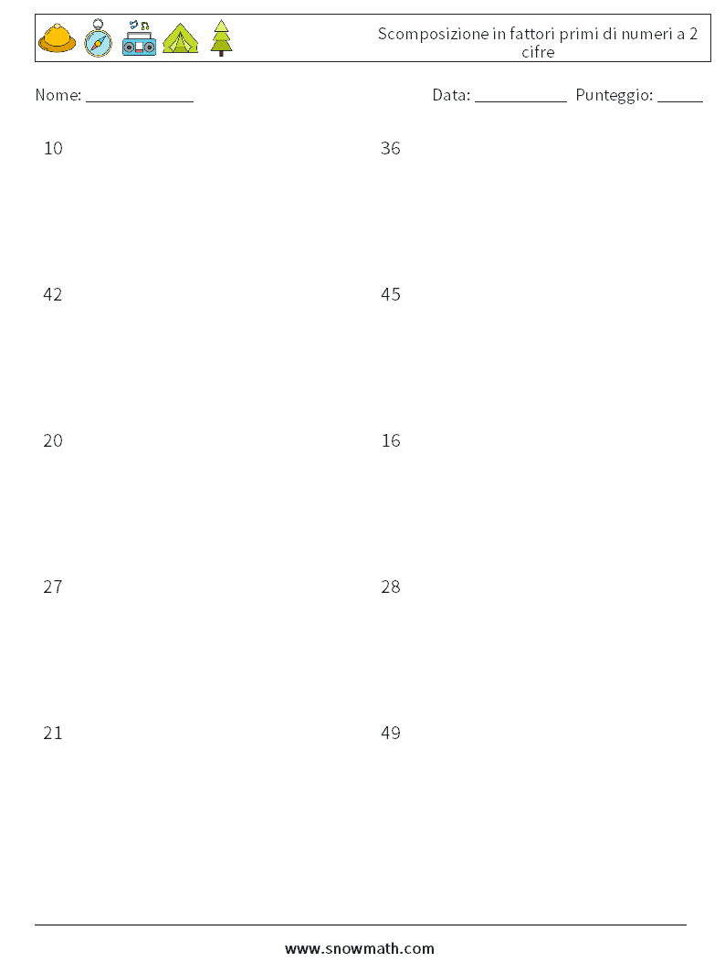 Scomposizione in fattori primi di numeri a 2 cifre Fogli di lavoro di matematica 6