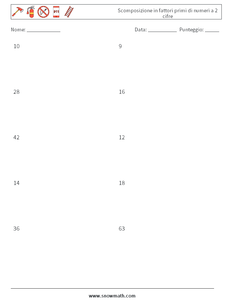 Scomposizione in fattori primi di numeri a 2 cifre Fogli di lavoro di matematica 8