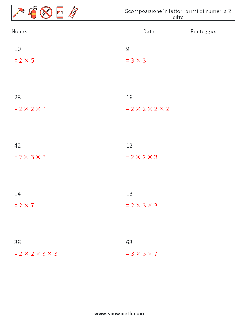 Scomposizione in fattori primi di numeri a 2 cifre Fogli di lavoro di matematica 8 Domanda, Risposta