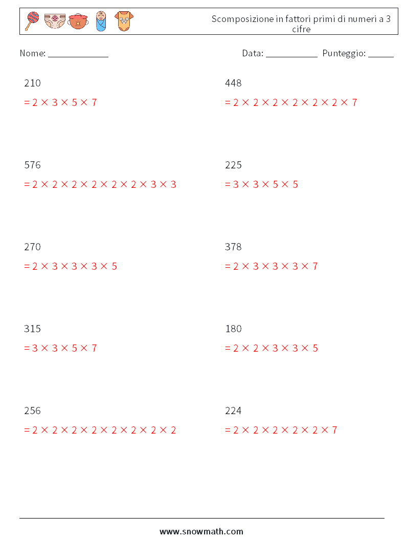 Scomposizione in fattori primi di numeri a 3 cifre Fogli di lavoro di matematica 3 Domanda, Risposta