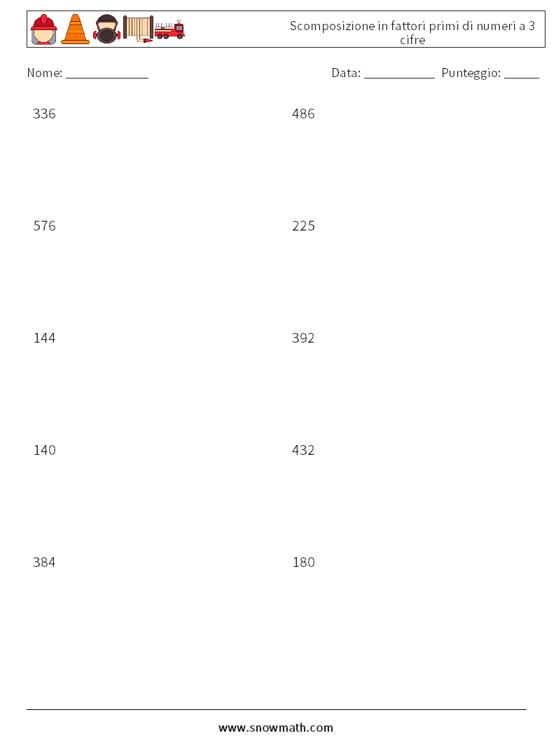 Scomposizione in fattori primi di numeri a 3 cifre Fogli di lavoro di matematica 4