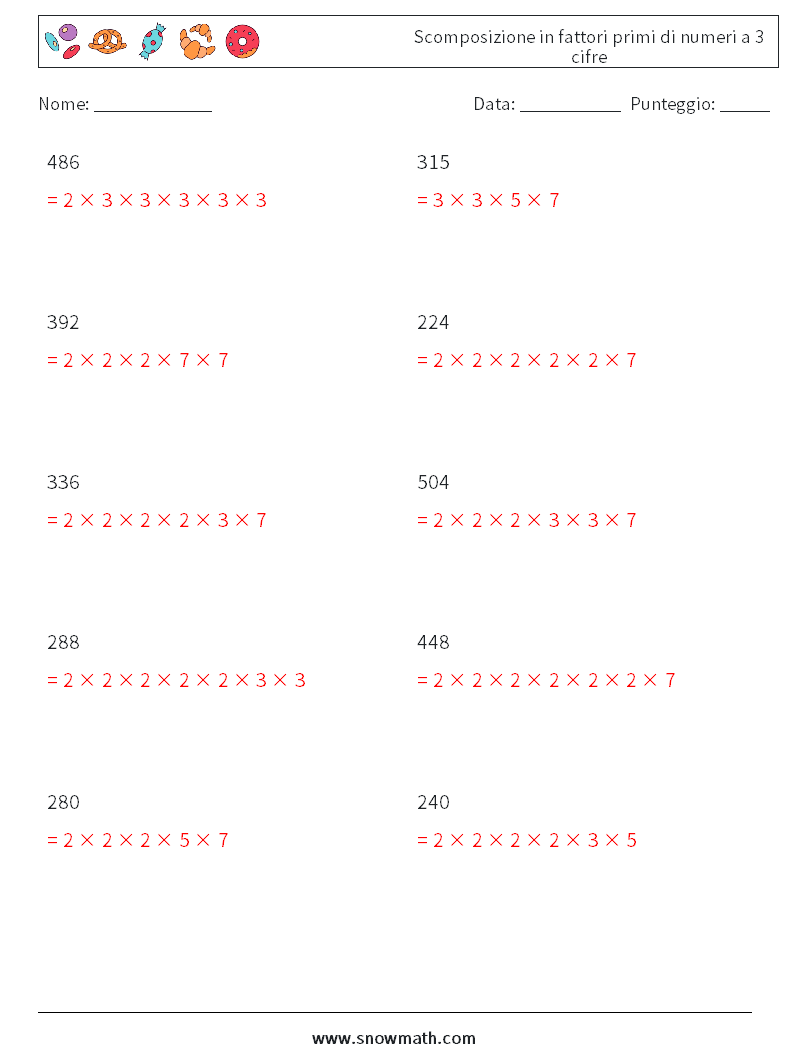 Scomposizione in fattori primi di numeri a 3 cifre Fogli di lavoro di matematica 5 Domanda, Risposta