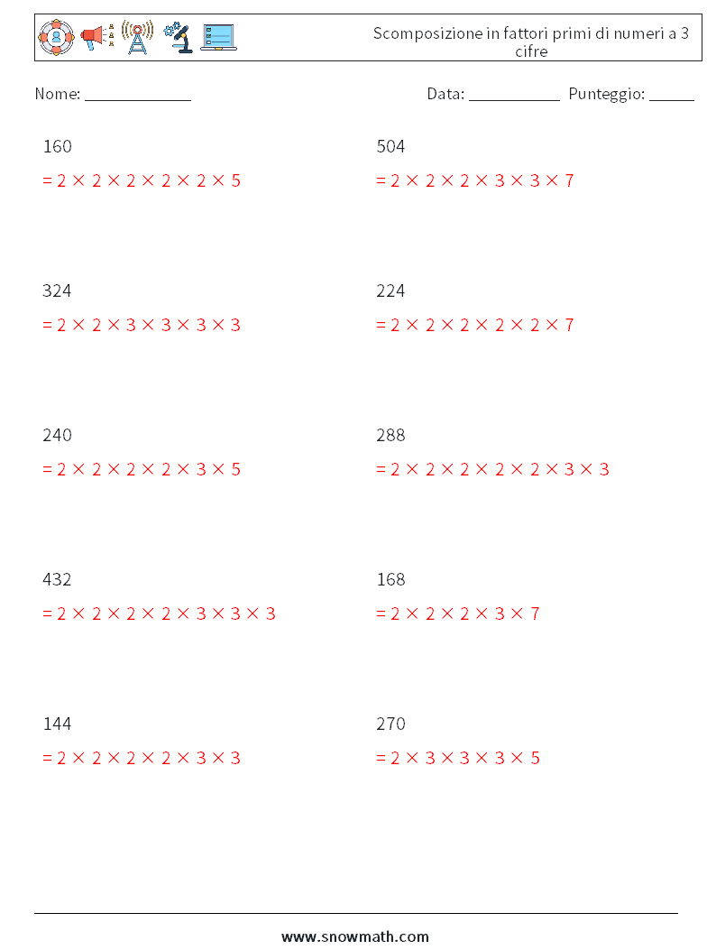 Scomposizione in fattori primi di numeri a 3 cifre Fogli di lavoro di matematica 6 Domanda, Risposta