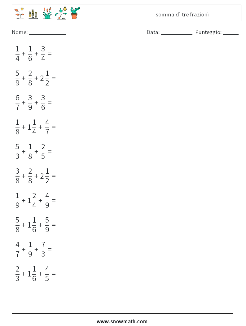 (10) somma di tre frazioni Fogli di lavoro di matematica 1