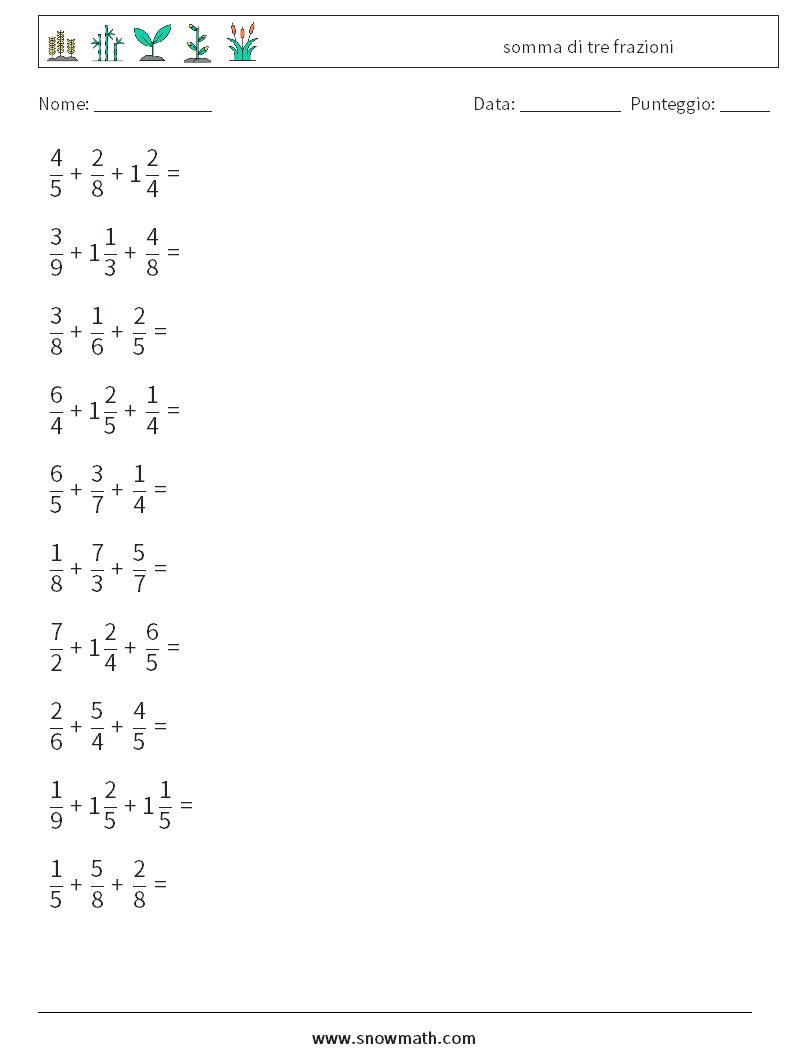 (10) somma di tre frazioni Fogli di lavoro di matematica 10
