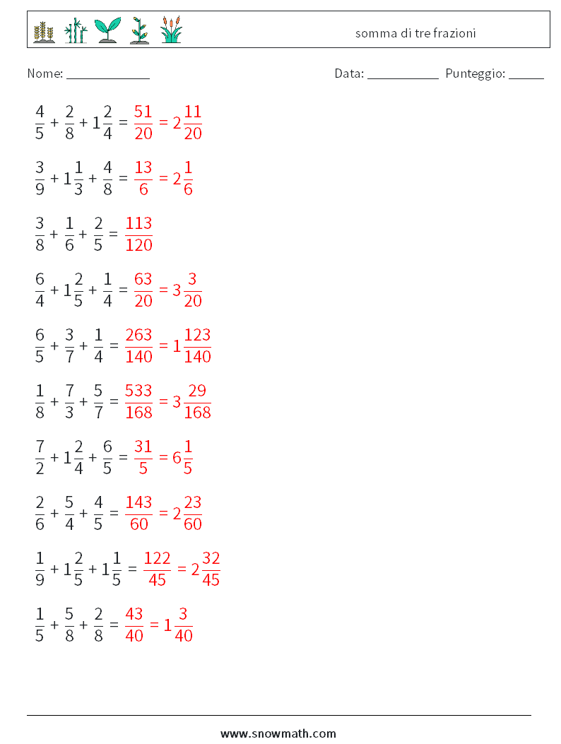 (10) somma di tre frazioni Fogli di lavoro di matematica 10 Domanda, Risposta