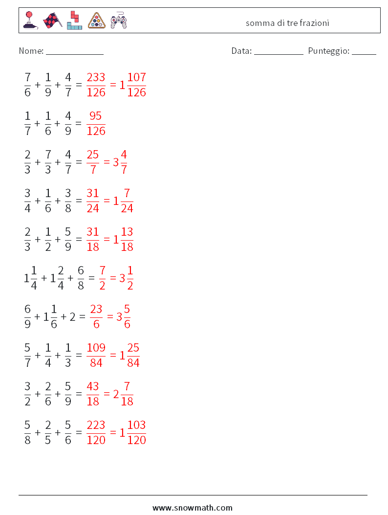 (10) somma di tre frazioni Fogli di lavoro di matematica 12 Domanda, Risposta