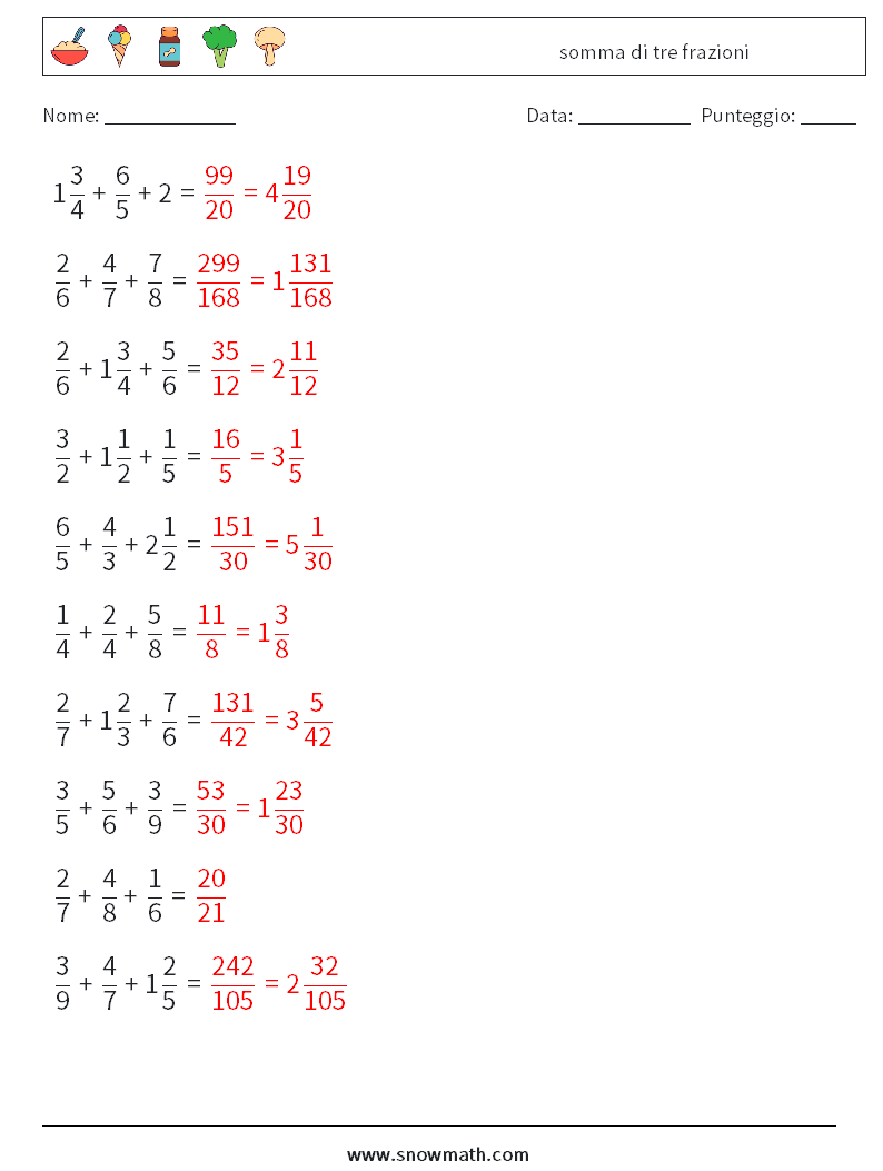 (10) somma di tre frazioni Fogli di lavoro di matematica 13 Domanda, Risposta