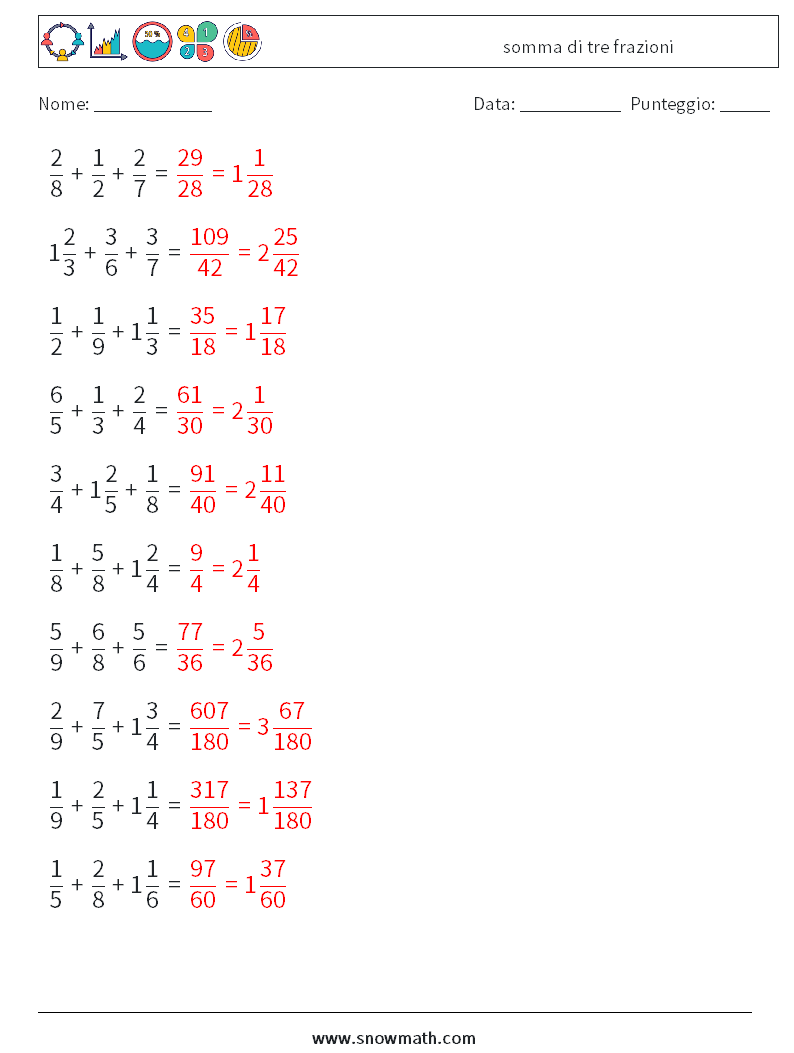 (10) somma di tre frazioni Fogli di lavoro di matematica 14 Domanda, Risposta