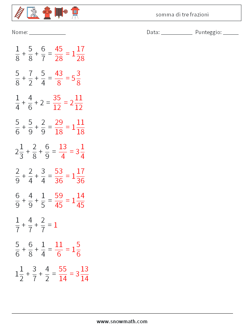 (10) somma di tre frazioni Fogli di lavoro di matematica 17 Domanda, Risposta