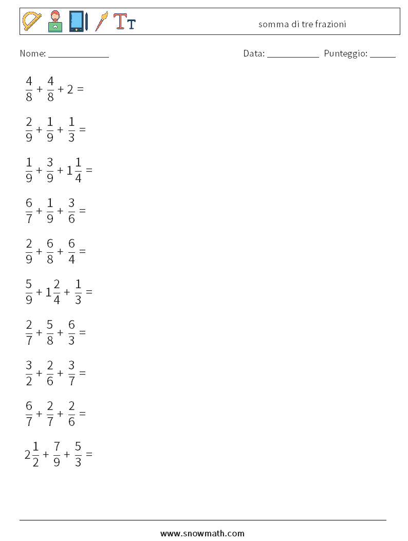 (10) somma di tre frazioni Fogli di lavoro di matematica 2