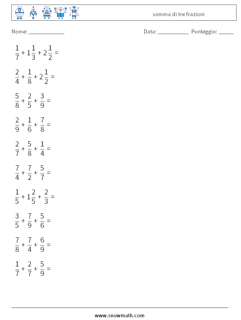 (10) somma di tre frazioni Fogli di lavoro di matematica 8