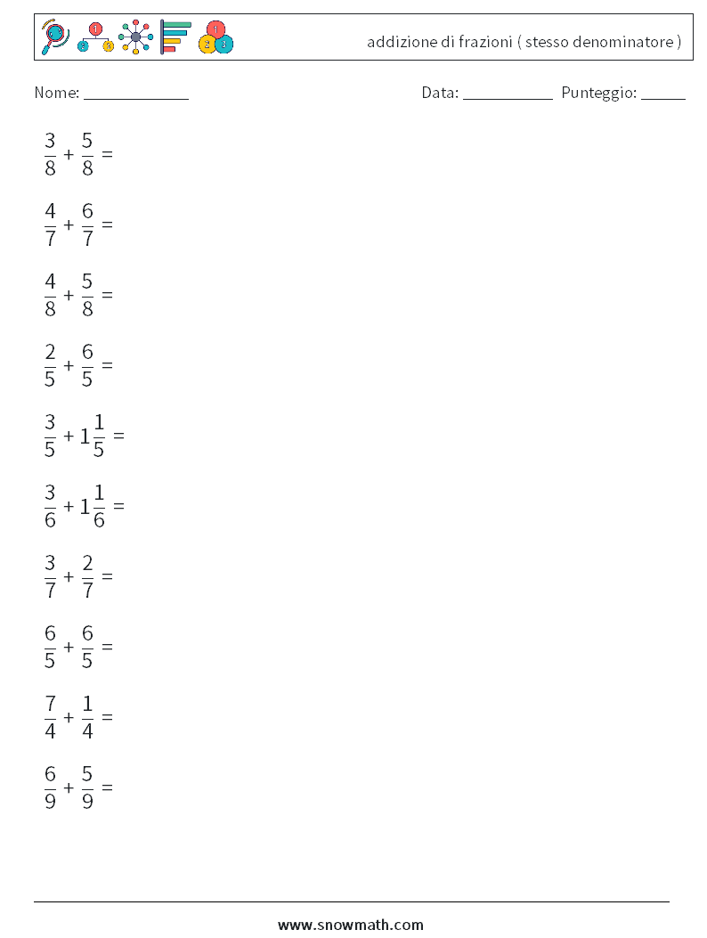 (10) addizione di frazioni ( stesso denominatore ) Fogli di lavoro di matematica 1