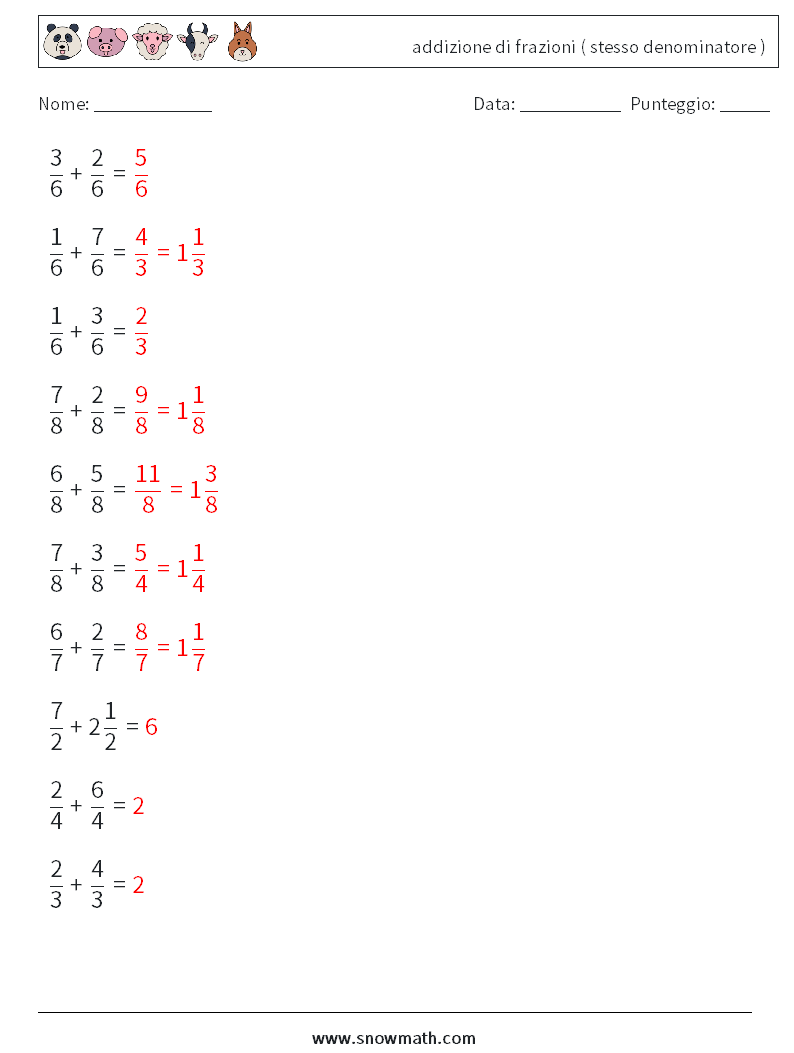 (10) addizione di frazioni ( stesso denominatore ) Fogli di lavoro di matematica 18 Domanda, Risposta