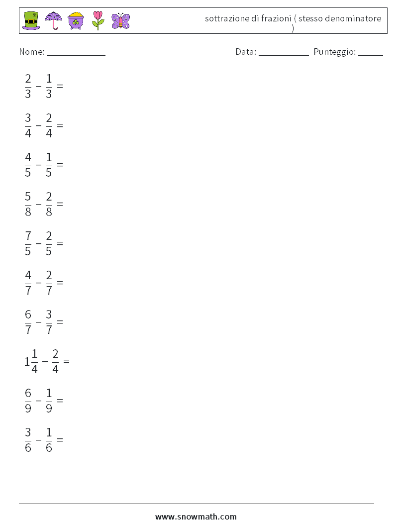 (10) sottrazione di frazioni ( stesso denominatore ) Fogli di lavoro di matematica 2