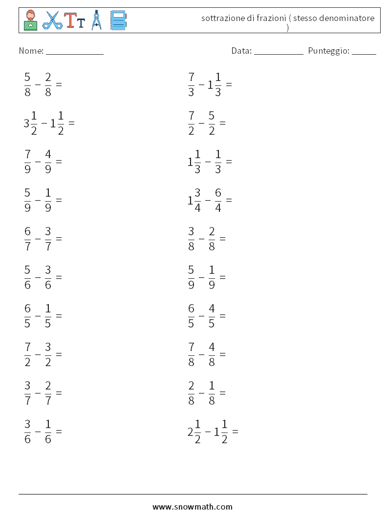 (20) sottrazione di frazioni ( stesso denominatore ) Fogli di lavoro di matematica 1