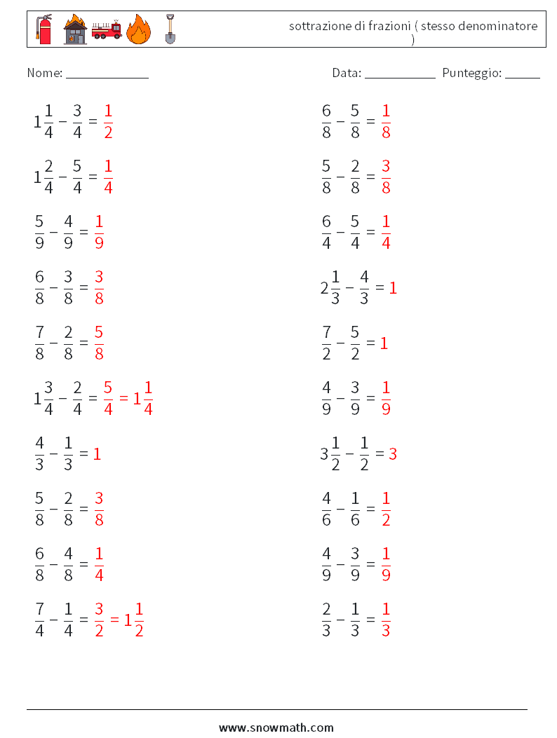 (20) sottrazione di frazioni ( stesso denominatore ) Fogli di lavoro di matematica 10 Domanda, Risposta