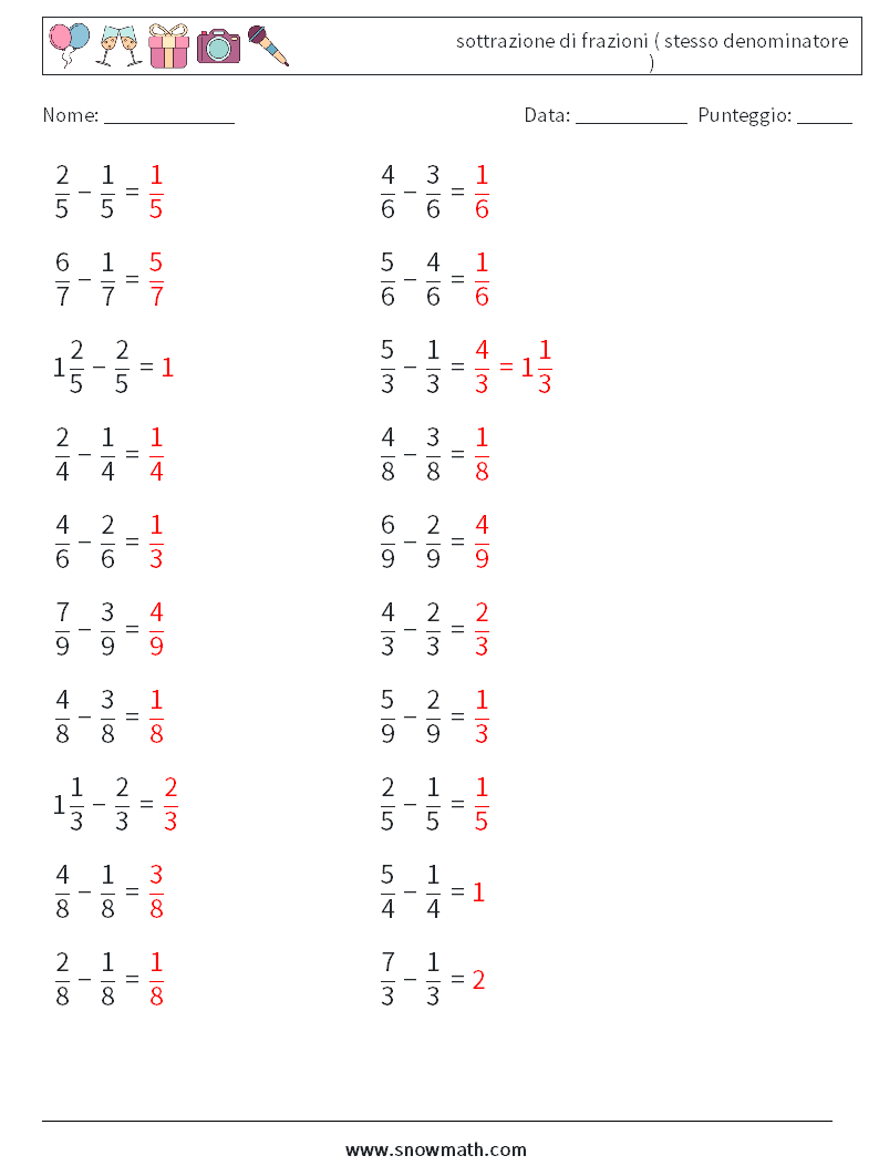 (20) sottrazione di frazioni ( stesso denominatore ) Fogli di lavoro di matematica 11 Domanda, Risposta