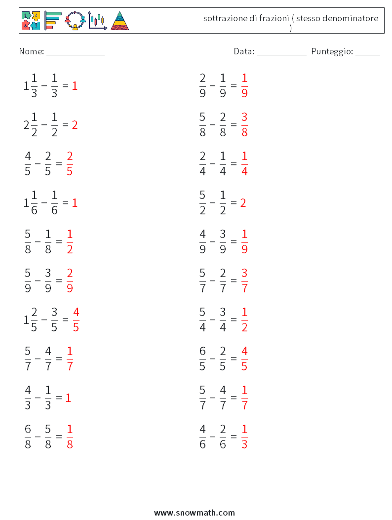 (20) sottrazione di frazioni ( stesso denominatore ) Fogli di lavoro di matematica 13 Domanda, Risposta