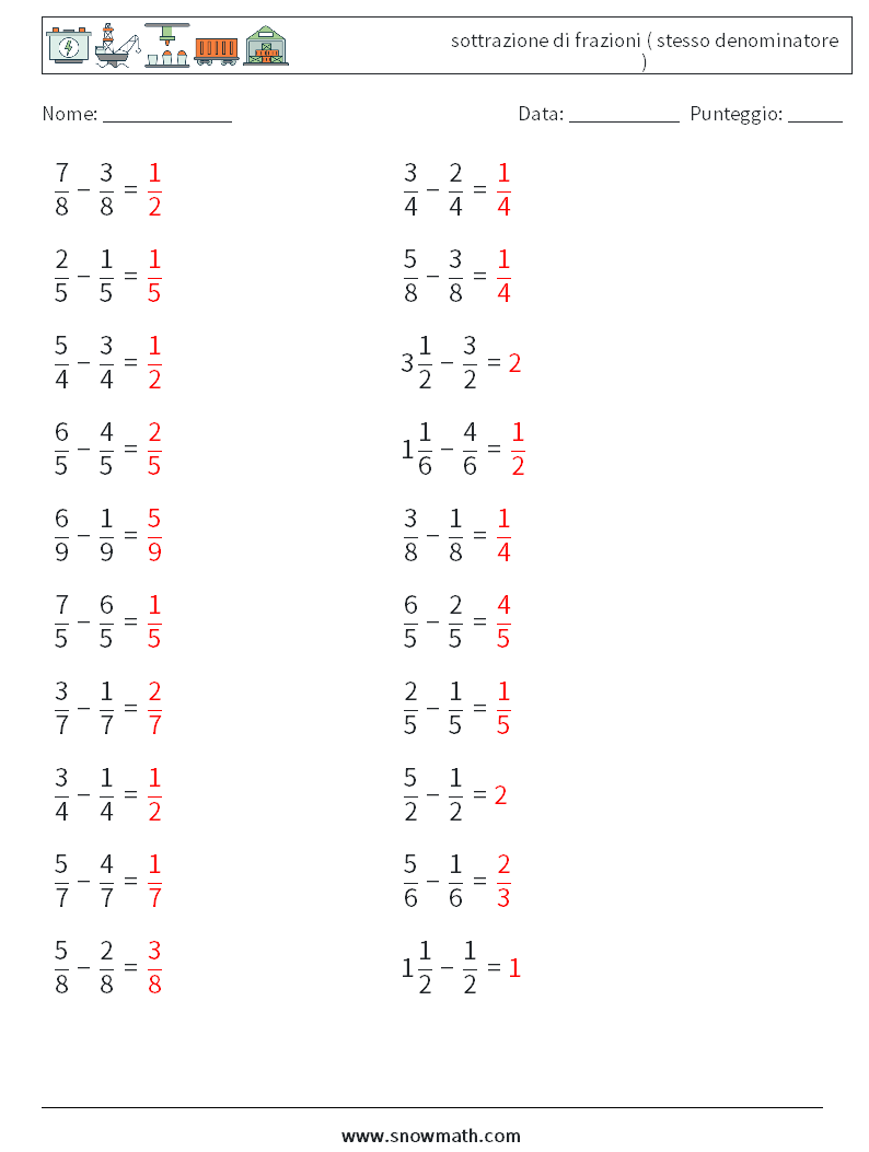 (20) sottrazione di frazioni ( stesso denominatore ) Fogli di lavoro di matematica 14 Domanda, Risposta