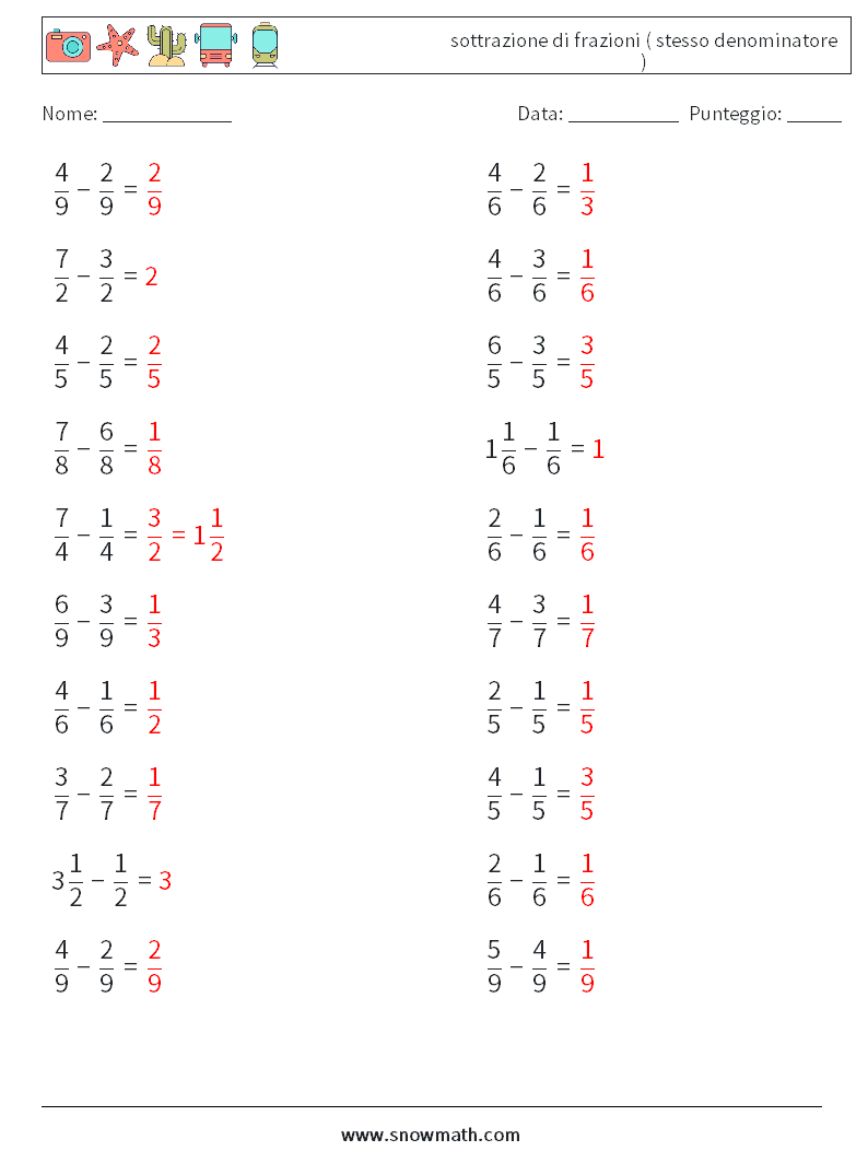 (20) sottrazione di frazioni ( stesso denominatore ) Fogli di lavoro di matematica 15 Domanda, Risposta