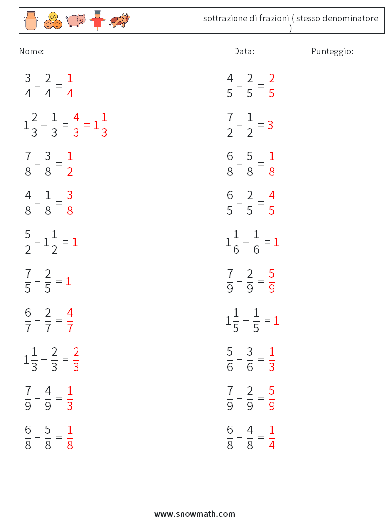 (20) sottrazione di frazioni ( stesso denominatore ) Fogli di lavoro di matematica 17 Domanda, Risposta