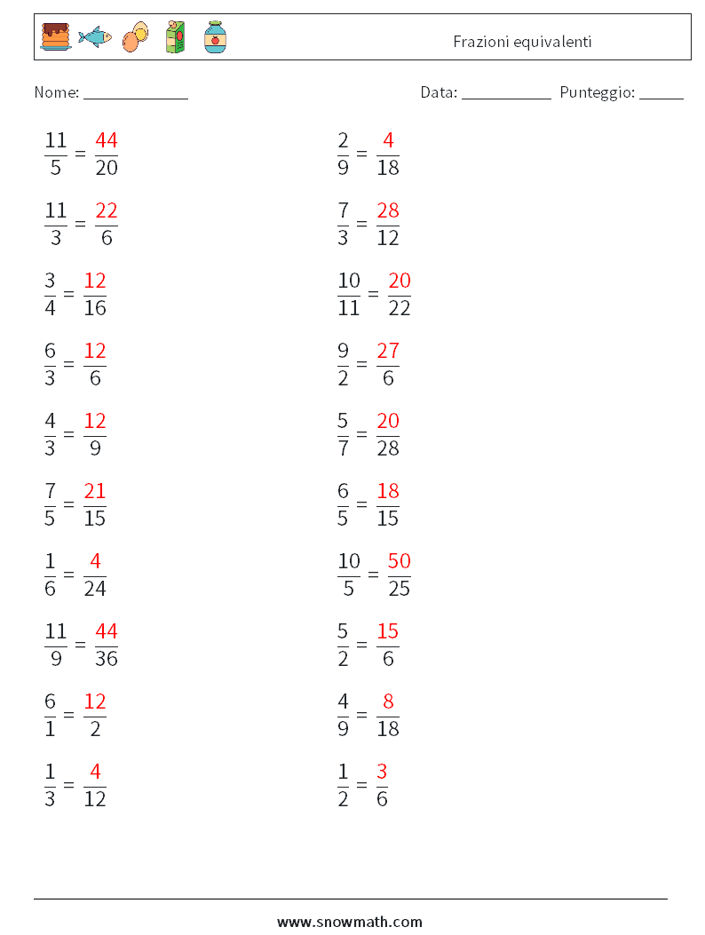 (20) Frazioni equivalenti Fogli di lavoro di matematica 1 Domanda, Risposta
