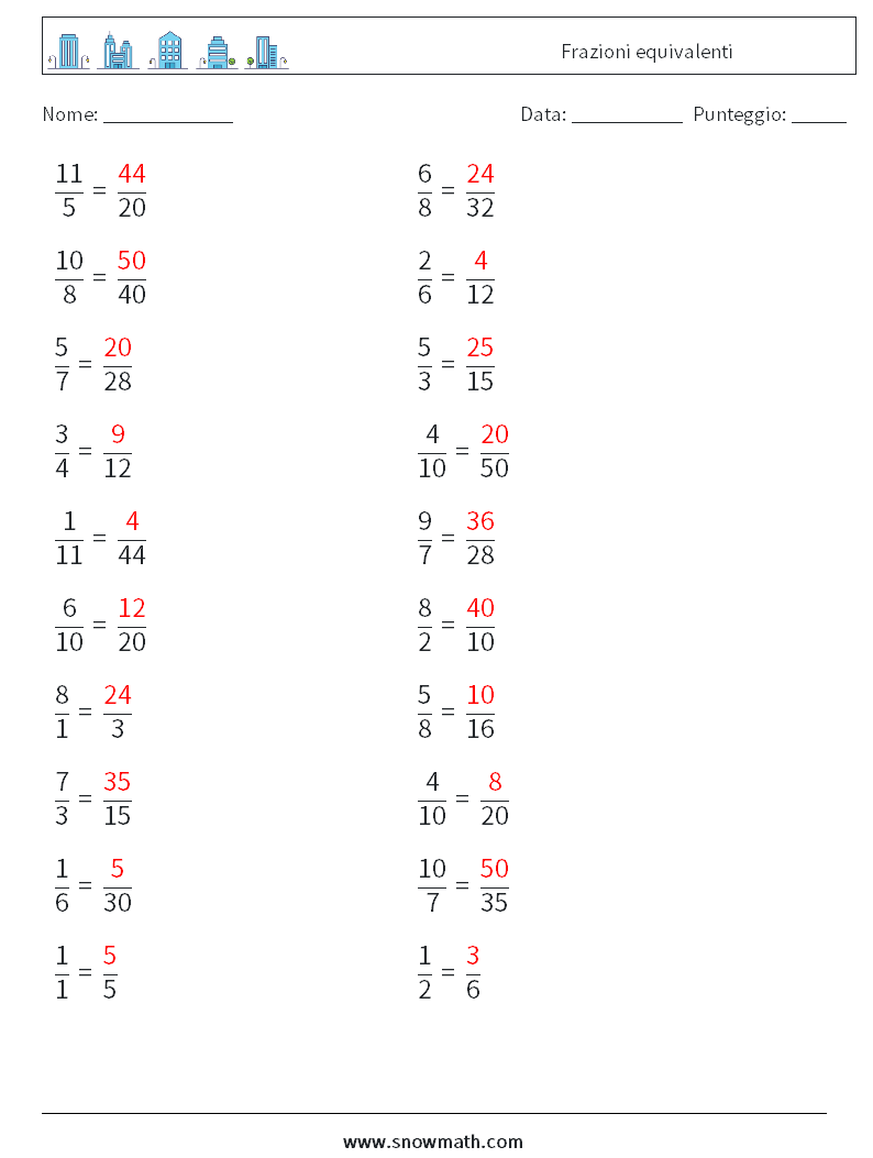(20) Frazioni equivalenti Fogli di lavoro di matematica 3 Domanda, Risposta