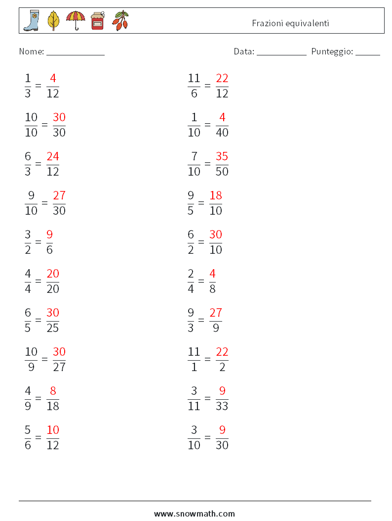 (20) Frazioni equivalenti Fogli di lavoro di matematica 4 Domanda, Risposta
