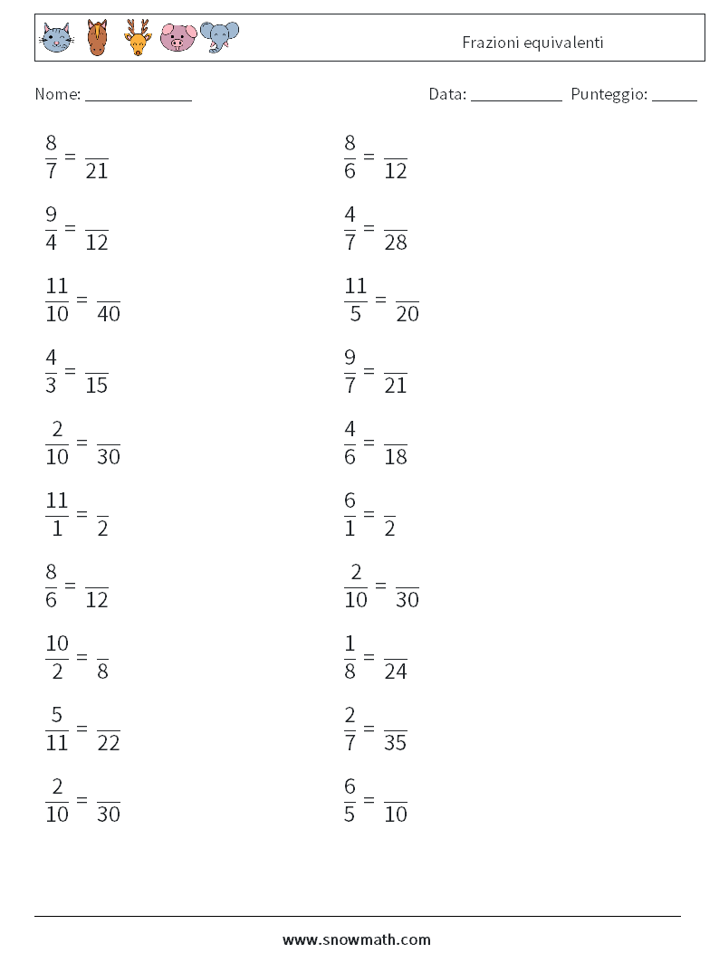 (20) Frazioni equivalenti Fogli di lavoro di matematica 6