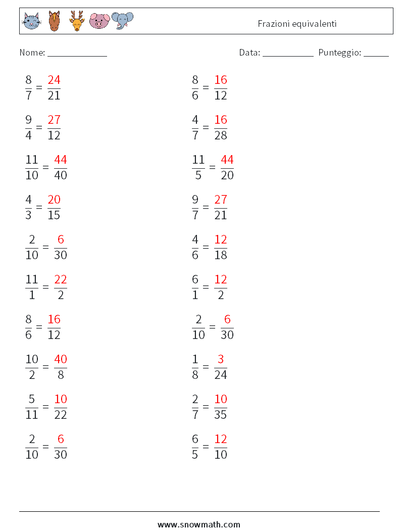 (20) Frazioni equivalenti Fogli di lavoro di matematica 6 Domanda, Risposta