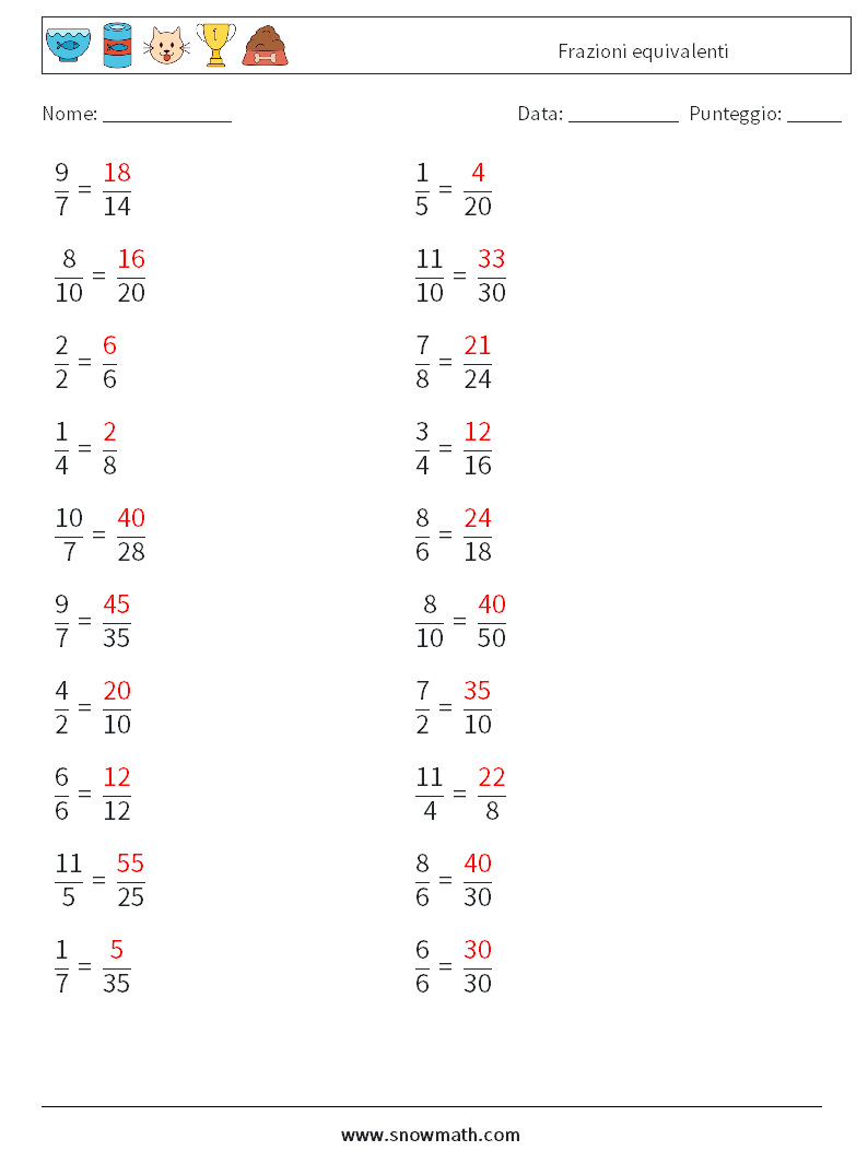 (20) Frazioni equivalenti Fogli di lavoro di matematica 8 Domanda, Risposta