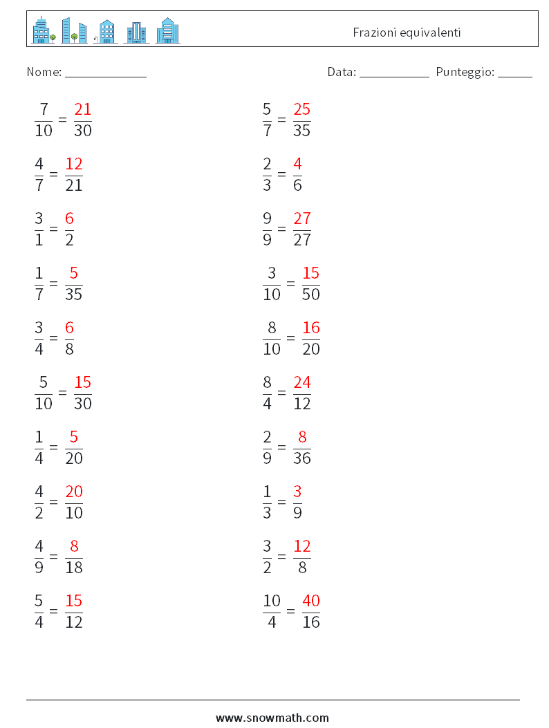 (20) Frazioni equivalenti Fogli di lavoro di matematica 9 Domanda, Risposta