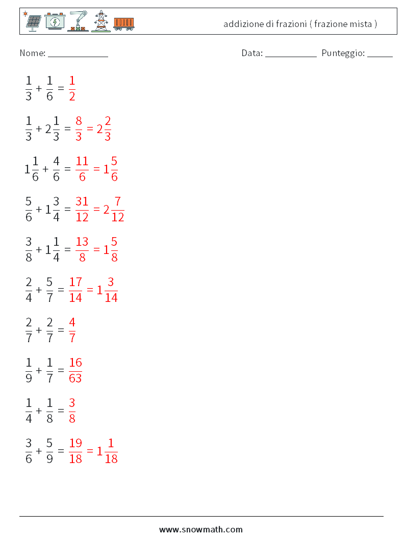 (10) addizione di frazioni ( frazione mista ) Fogli di lavoro di matematica 10 Domanda, Risposta