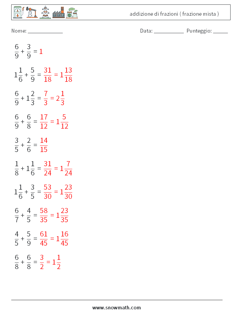 (10) addizione di frazioni ( frazione mista ) Fogli di lavoro di matematica 11 Domanda, Risposta
