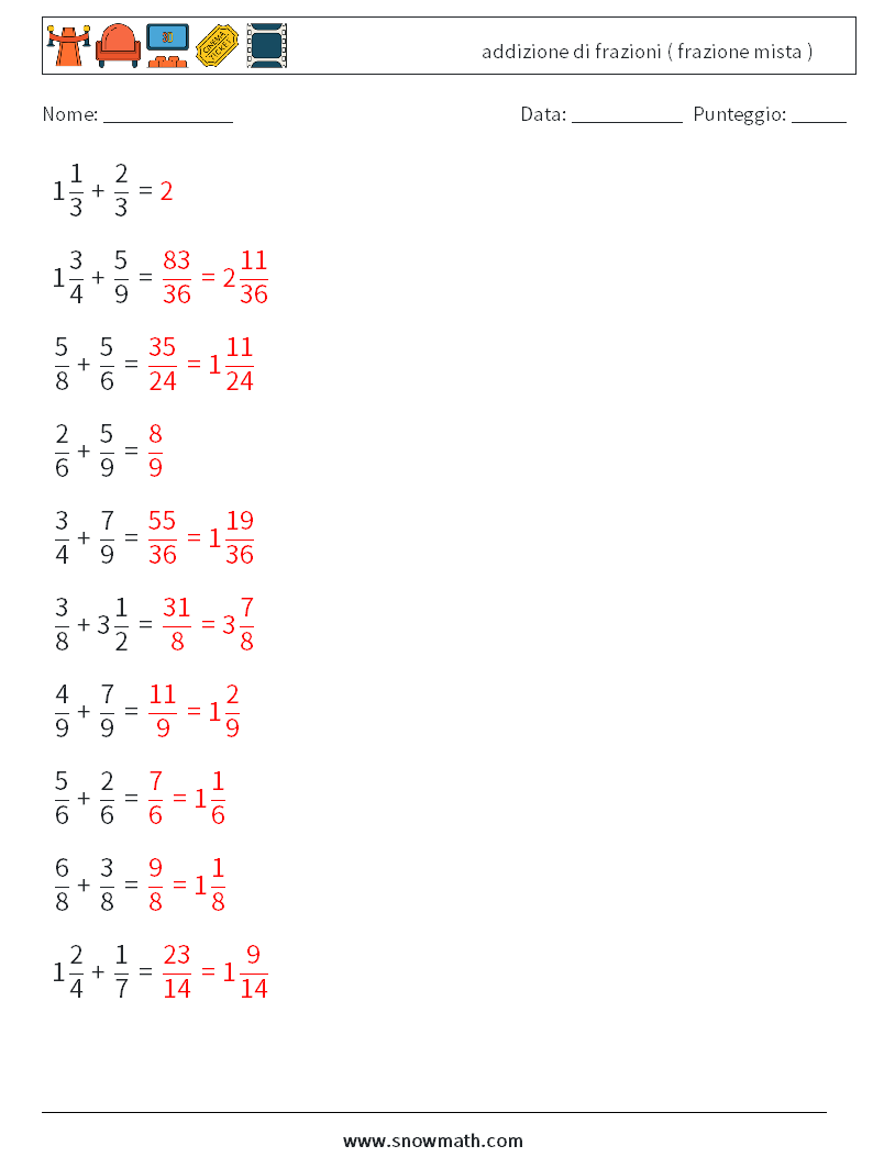 (10) addizione di frazioni ( frazione mista ) Fogli di lavoro di matematica 12 Domanda, Risposta