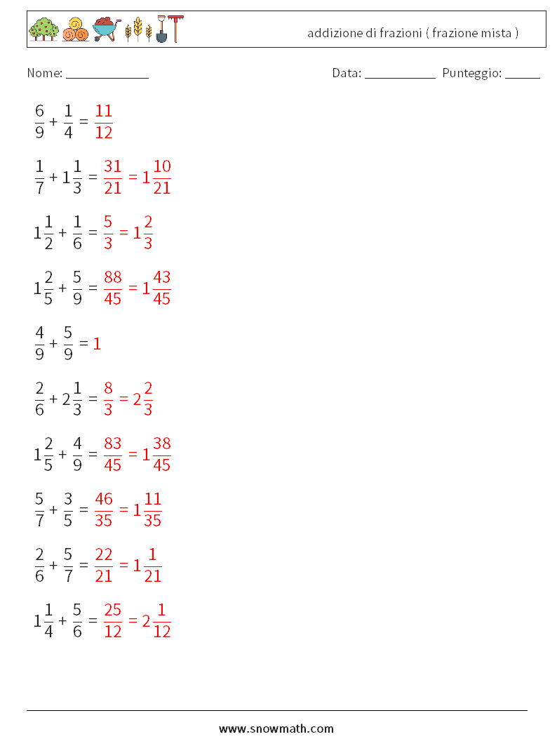 (10) addizione di frazioni ( frazione mista ) Fogli di lavoro di matematica 13 Domanda, Risposta