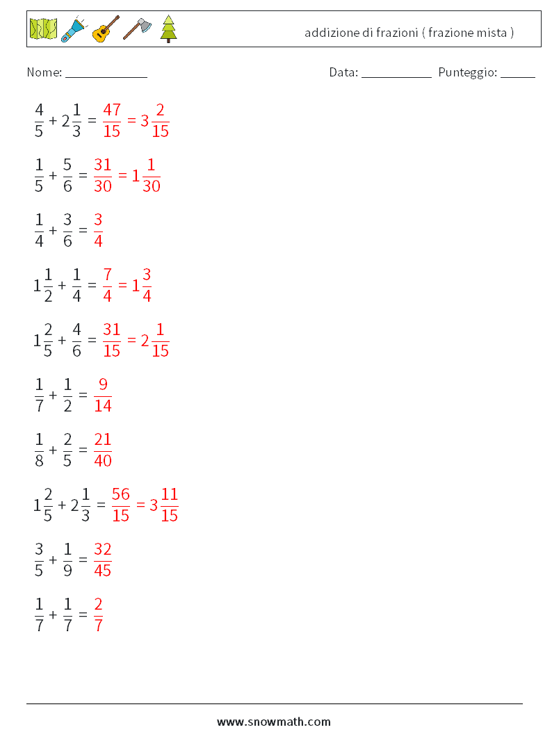 (10) addizione di frazioni ( frazione mista ) Fogli di lavoro di matematica 14 Domanda, Risposta