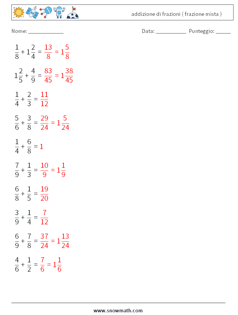 (10) addizione di frazioni ( frazione mista ) Fogli di lavoro di matematica 15 Domanda, Risposta