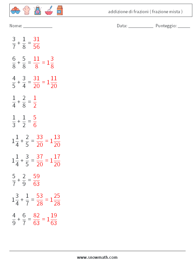 (10) addizione di frazioni ( frazione mista ) Fogli di lavoro di matematica 16 Domanda, Risposta