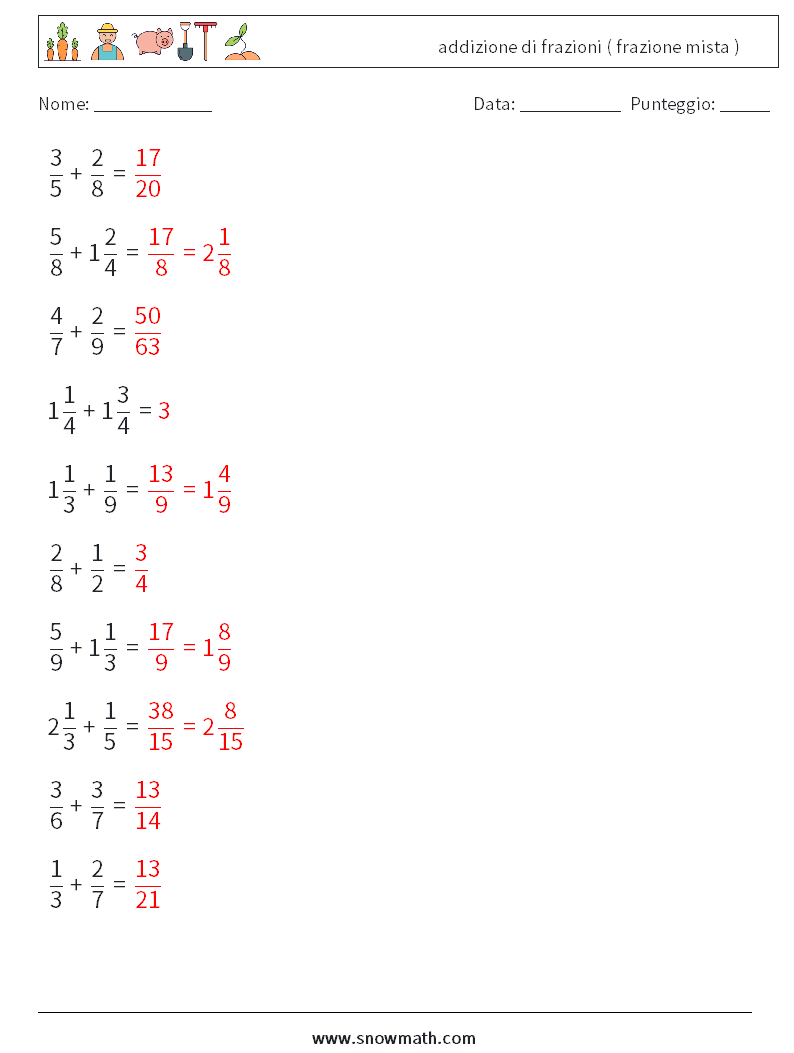 (10) addizione di frazioni ( frazione mista ) Fogli di lavoro di matematica 17 Domanda, Risposta
