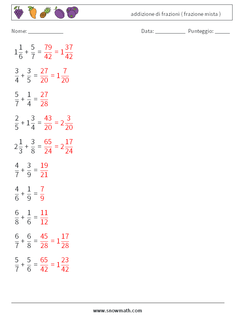 (10) addizione di frazioni ( frazione mista ) Fogli di lavoro di matematica 18 Domanda, Risposta