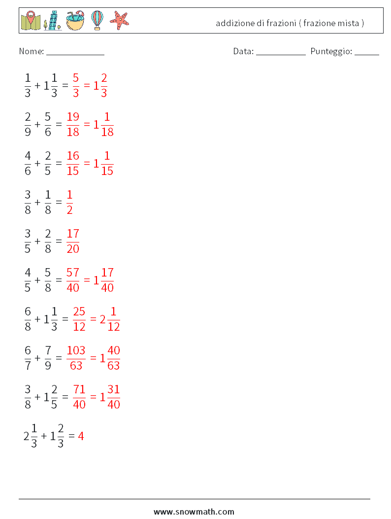 (10) addizione di frazioni ( frazione mista ) Fogli di lavoro di matematica 1 Domanda, Risposta